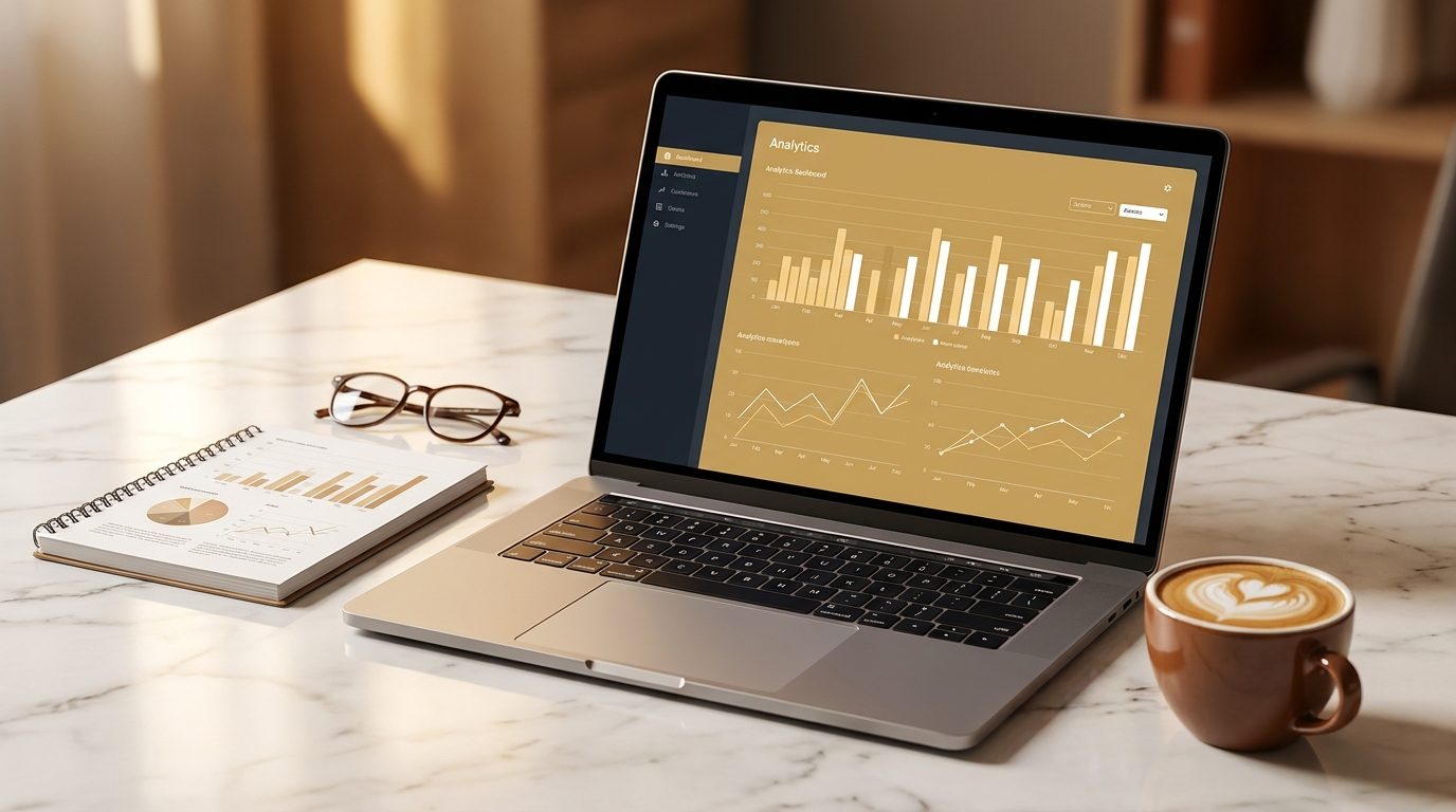 Analytics dashboard beside notes and coffee